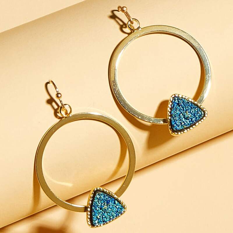 

1pair Triangle Decor Round Charm Drop Earrings, Gold