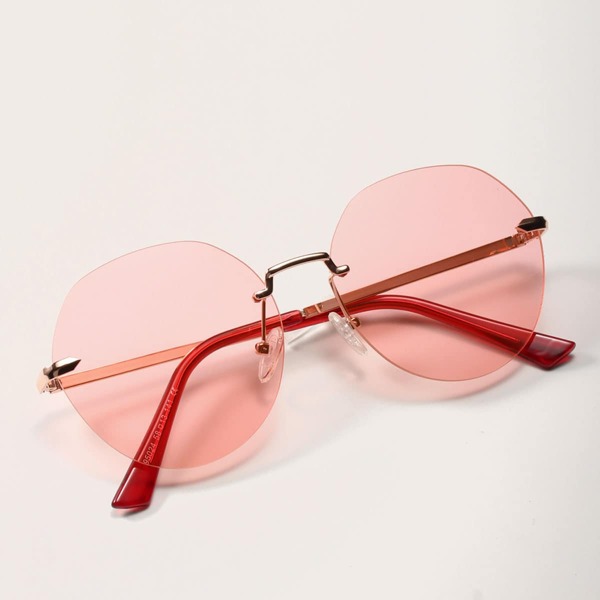 

Rimless Round Frame Sunglasses With Case, Pink