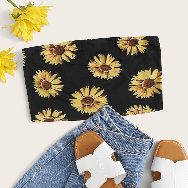 

Sunflower Print Tube Top, Black