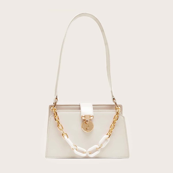 

Metal Lock Trapezoid Shoulder Bag, White