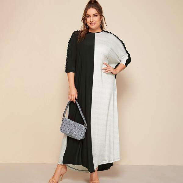 

Plus Two Tone Frill Trim Batwing Sleeve Dress, Black and white
