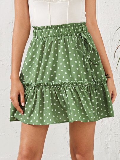 Polka Dot Tie Front Paperbag Waist Skirt