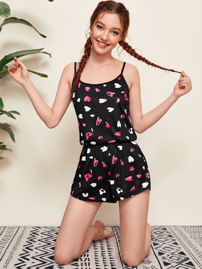 Allover Heart Print Cami Top With Shorts PJ Set