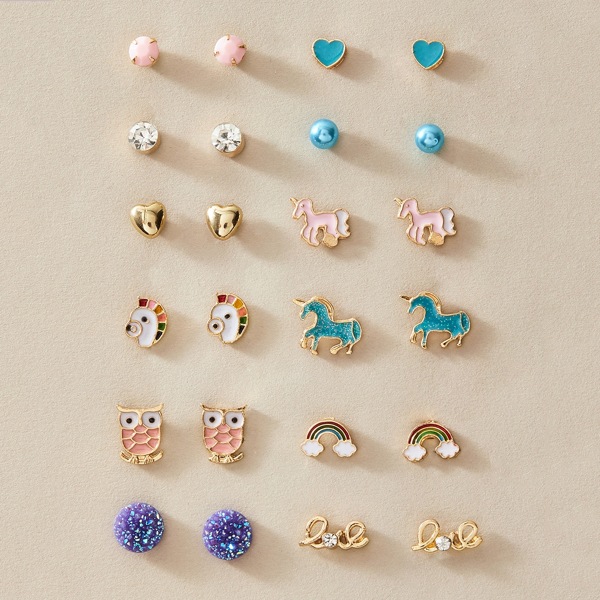 

12pairs Toddler Girls Unicorn & Rainbow Design Stud Earrings, Multicolor