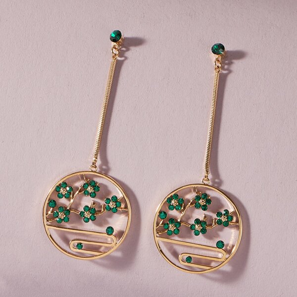 

1pair Rhinestone Engraved Hollow Out Floral Design Drop Earrings, Gold
