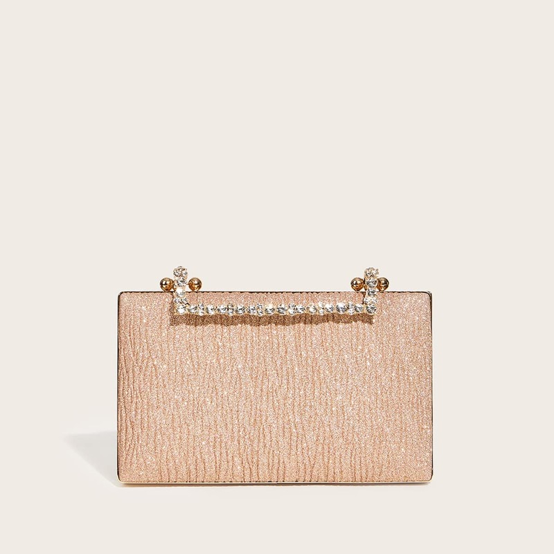 

Rhinestone Decor Clip Top Glitter Clutch Bag, Gold