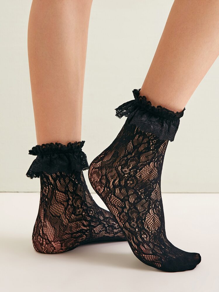 2 Pairs Cute Lace Edge Women's Silk Stockings Suitable For Daily Wear In Spring And Summer - Black and White - View 2