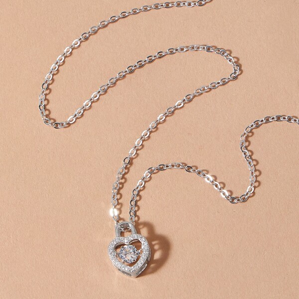 

1pc Rhinestone Engraved Heart Charm Necklace, Silver
