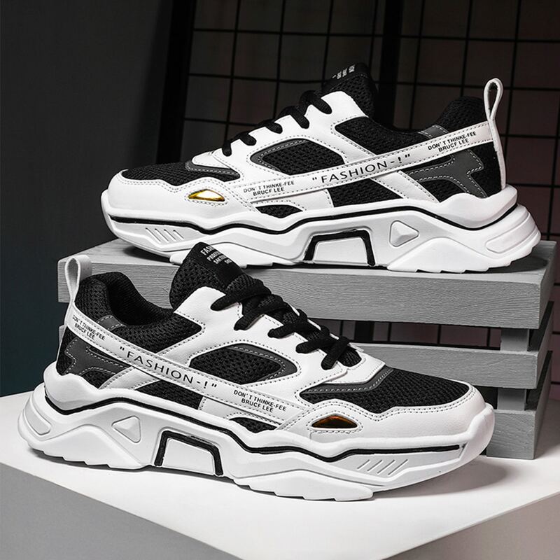 

Guys Lace-up Front Mesh Panel Chunky Sneakers, Black and white