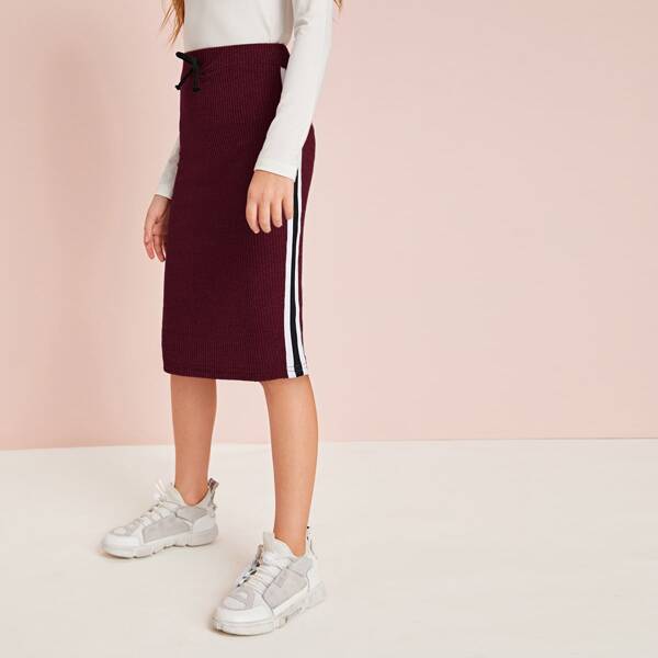 

Girls Tie Waist Striped Tape Side Rib-knit Skirt, Burgundy