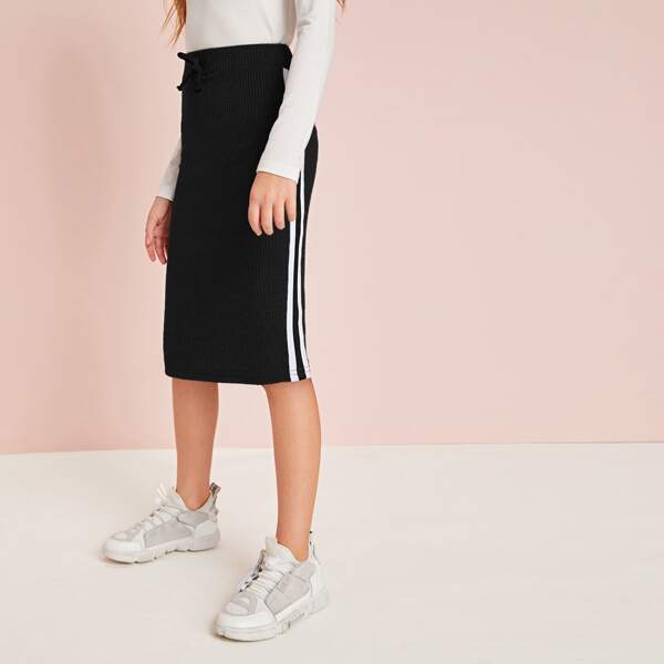 

Girls Contrast Striped Tape Detail Rib-knit Pencil Skirt, Black