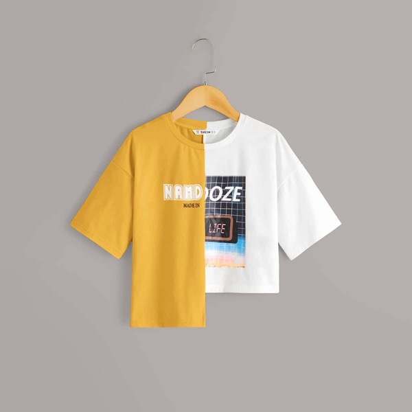 

Girls Graphic Print Colorblock Asymmetrical Hem Tee, Multicolor