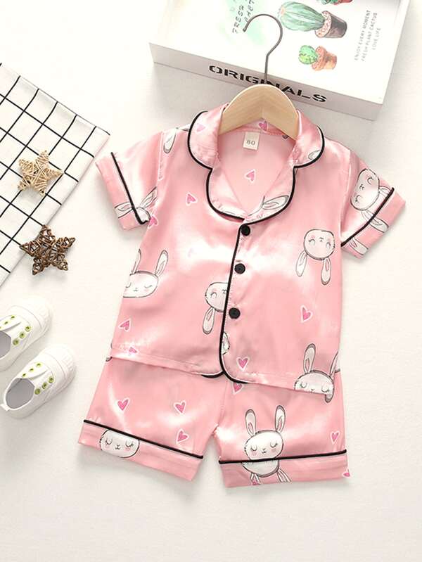 Young Girl Cartoon Graphic Satin PJ Set