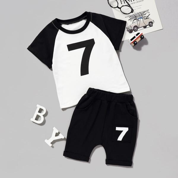 

Toddler Boys Number Print Baseball Tee With Shorts, Black and white