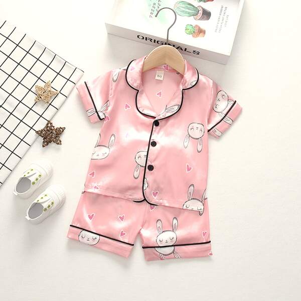 

Toddler Girls Cartoon Graphic Satin PJ Set, Pink