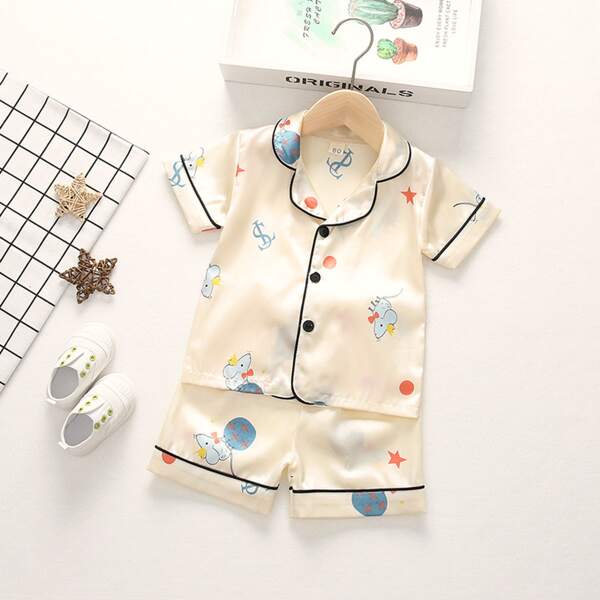 

Toddler Girls Cartoon & Letter Graphic Contrast Piping Satin PJ Set, White