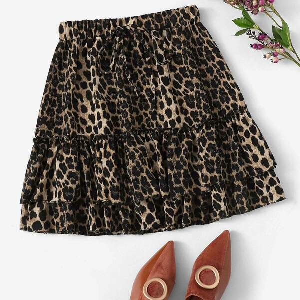 

Plus Leopard Tie Front Frill Trim Skirt, Multicolor