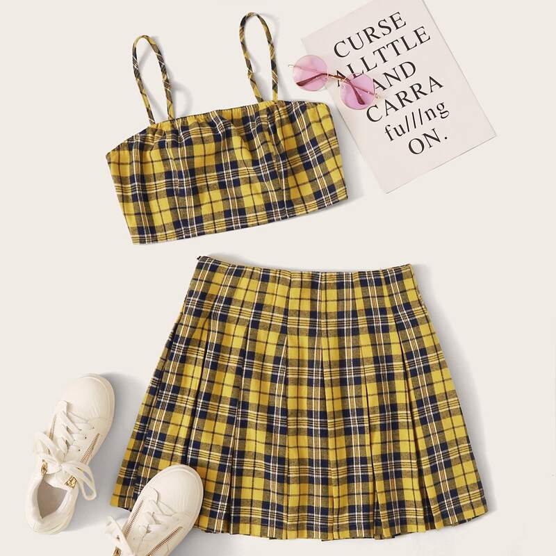 Shirred Back Tartan Cami Top & Boxy Pleated Skirt Set, Yellow