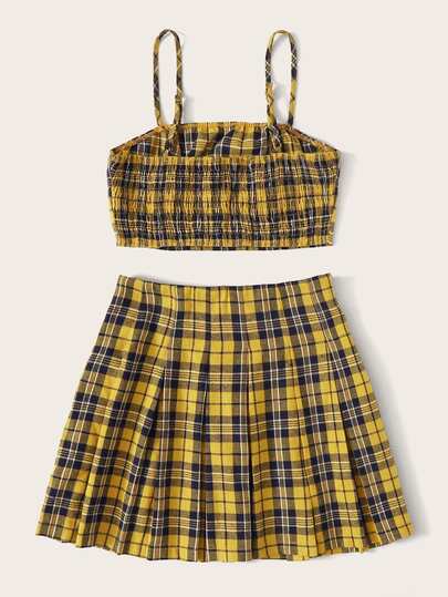 Amarelo Plissado Xadrez Formal Roupa de 2pçs