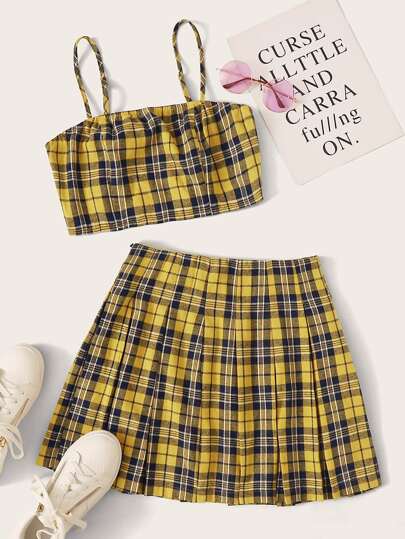 Amarelo Plissado Xadrez Formal Roupa de 2pçs