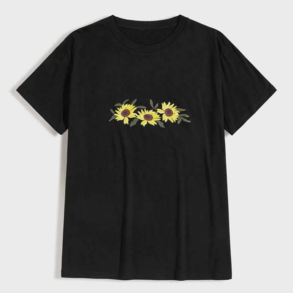 

Men Sunflower Print Short Sleeve Tee, Black