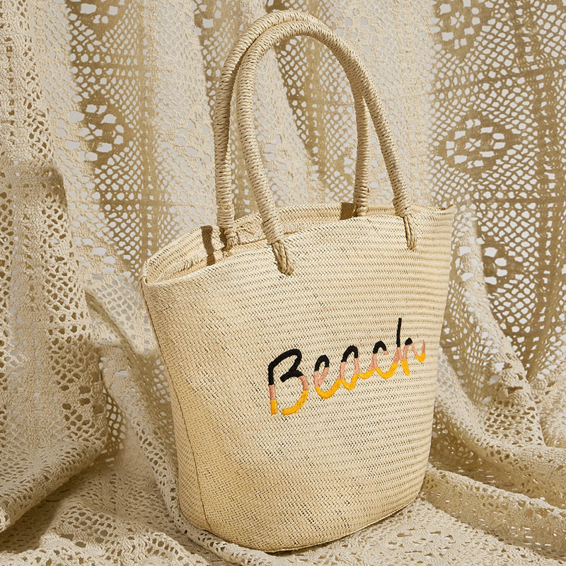 

Letter Embroidered Woven Tote Bag, Beige
