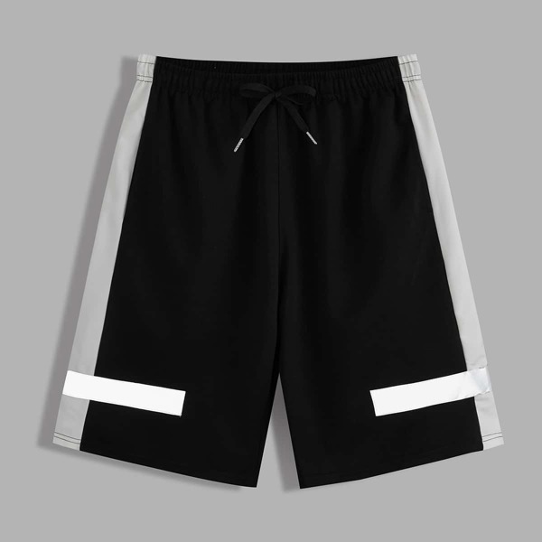 

Men Reflective Panel Colorblock Drawstring Waist Shorts, Black