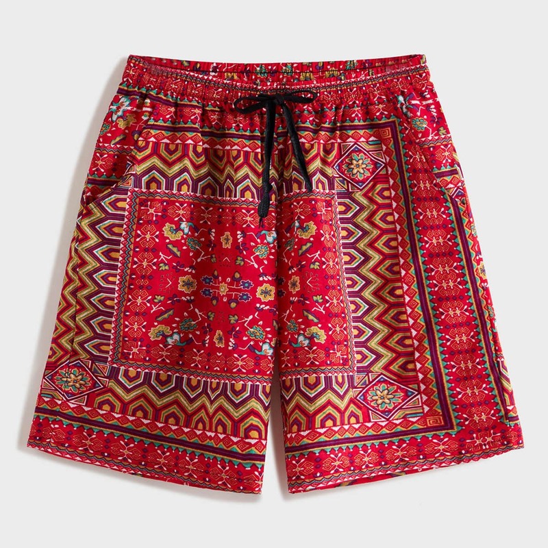 

Guys Tribal Print Drawstring Waist Shorts, Red