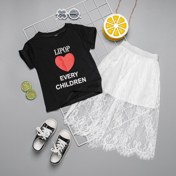 

Toddler Girls Heart & Letter Graphic Tee With Lace Skirt, Black and white