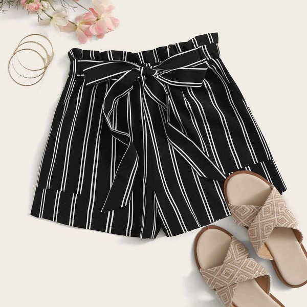 

Plus Striped Paperbag Waist Belted Shorts, Black