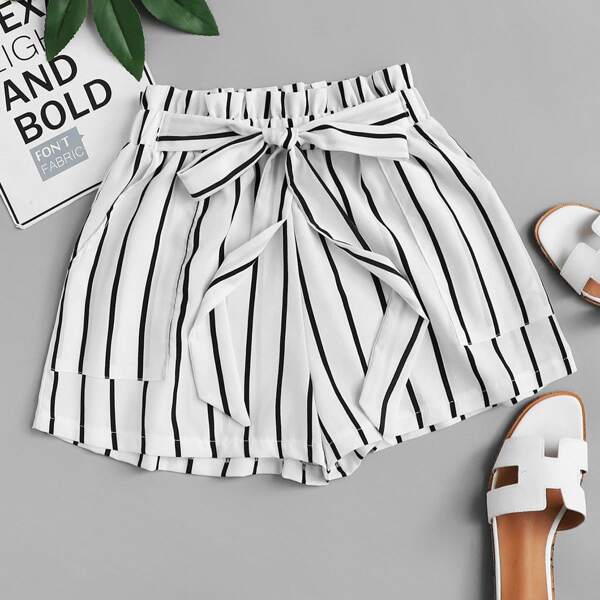 

Plus Striped Paperbag Waist Belted Shorts, White