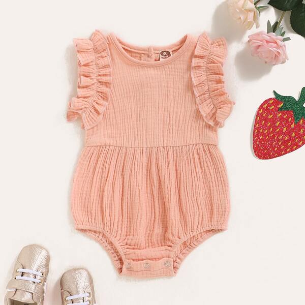 

Baby Girl Frill Trim Button Back Romper, Pink