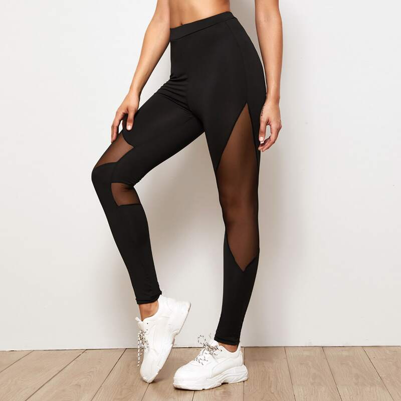 

Mesh Panel High Waist Leggings, Black