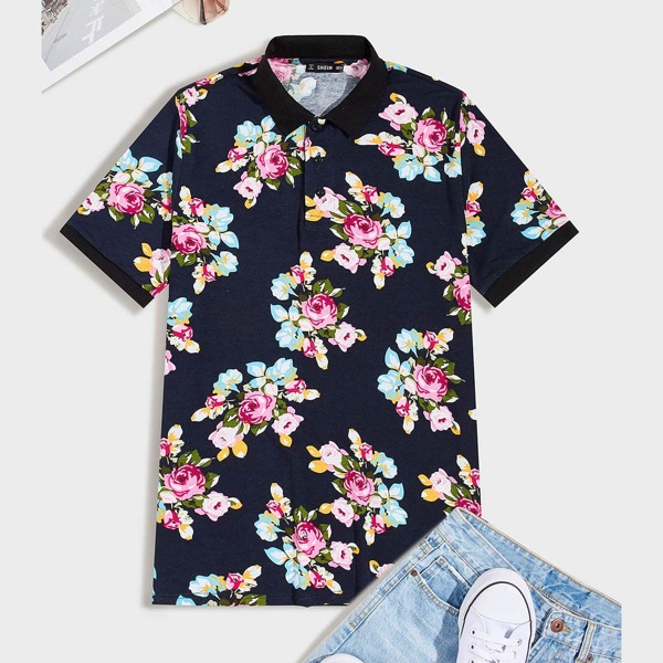 

Men Contrast Collar Floral Print Polo Shirt, Navy blue