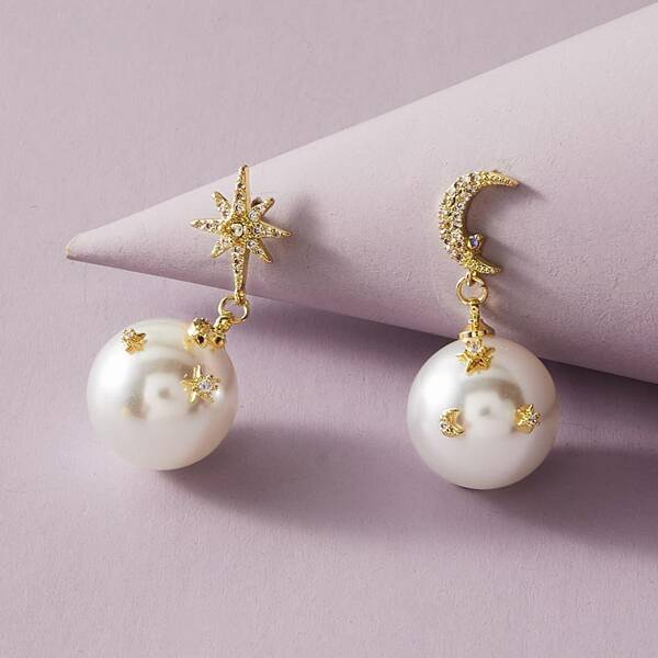 

1pair Rhinestone Engraved Star & Moon & Faux Pearl Drop Earrings, Gold