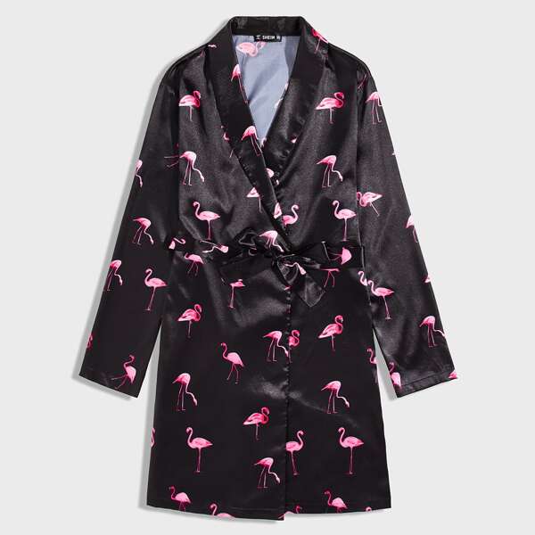 

Men Flamingo Print Shawl Collar Self Belted Robe, Black