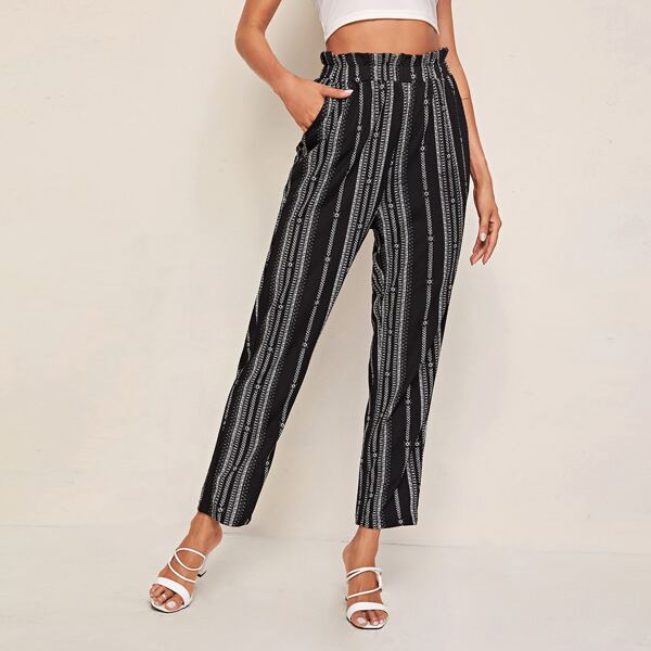 

Tribal Print Paperbag Waist Slant Pocket Pants, Black