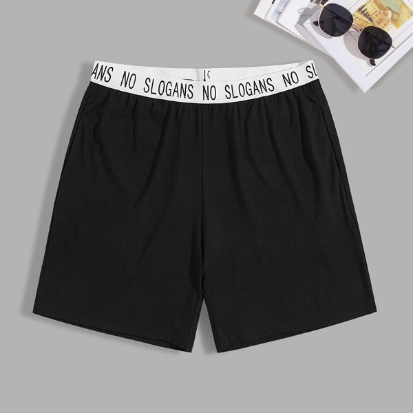 

Men Contrast Slogan Waist Night Shorts, Black