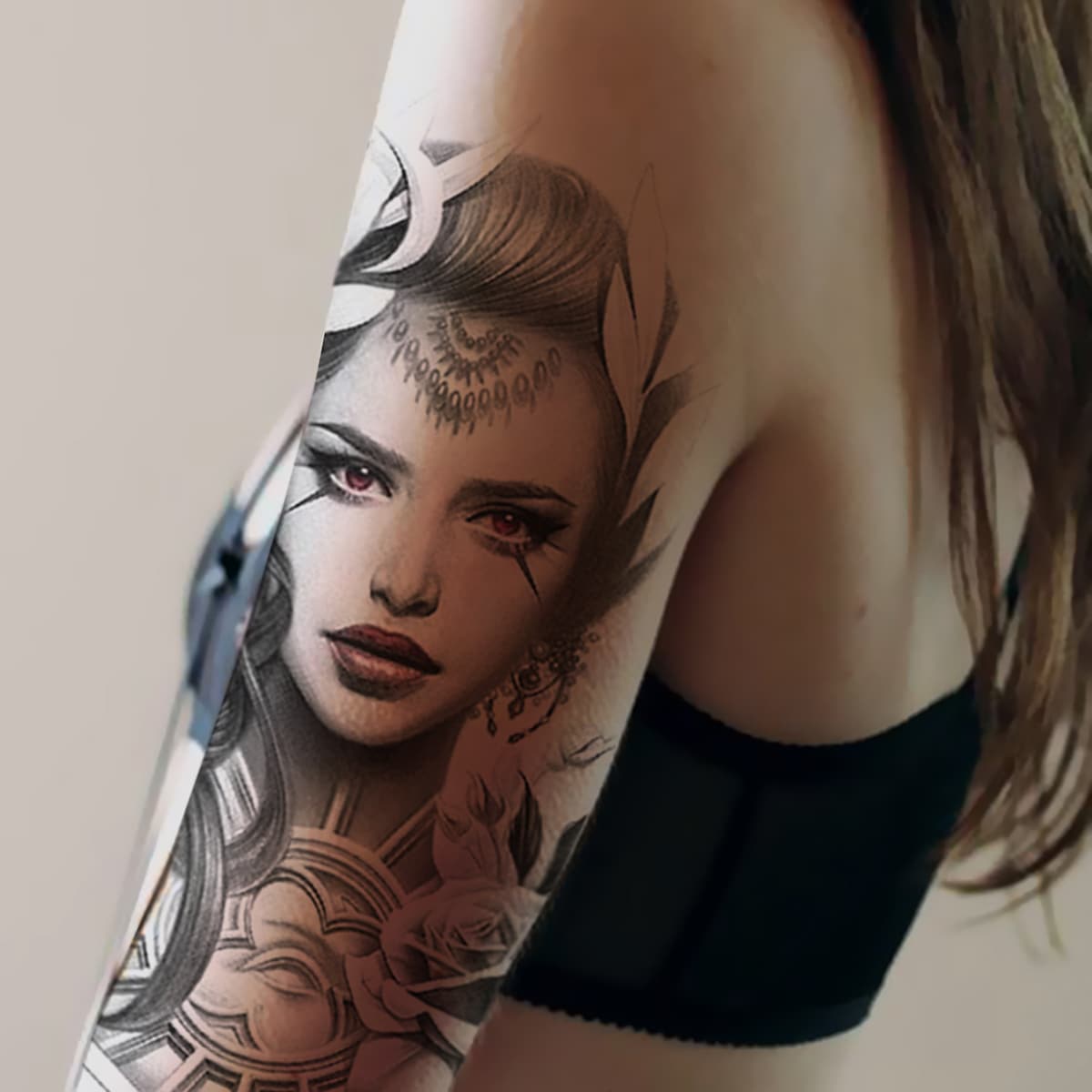 

Figure & Floral Pattern Tattoo Sticker, Black