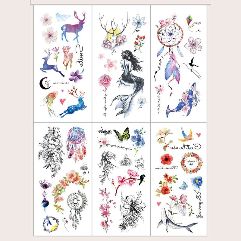 

6pcs Butterfly & Floral Pattern Tattoo Sticker, Multicolor
