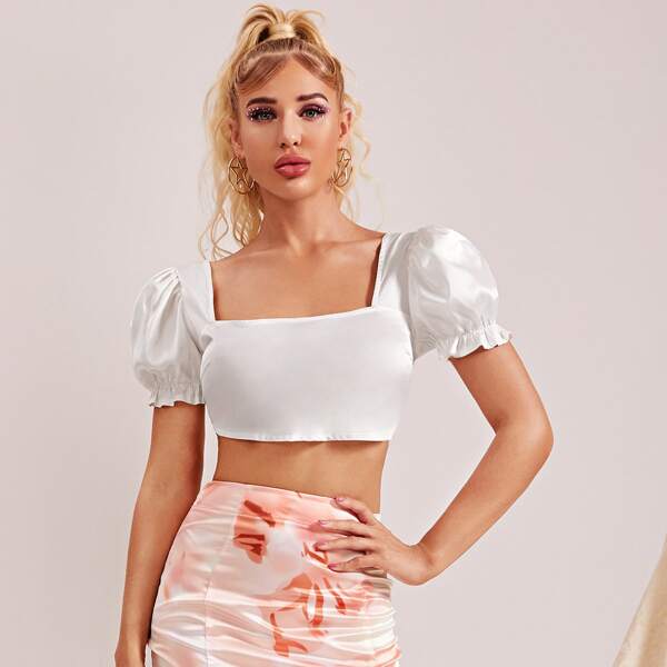 

Puff Sleeve Shirred Back Satin Crop Top, White
