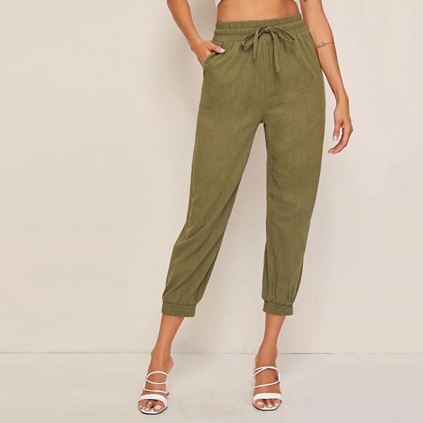 

Tie Waist Slant Pocket Carrot Pants, Army green