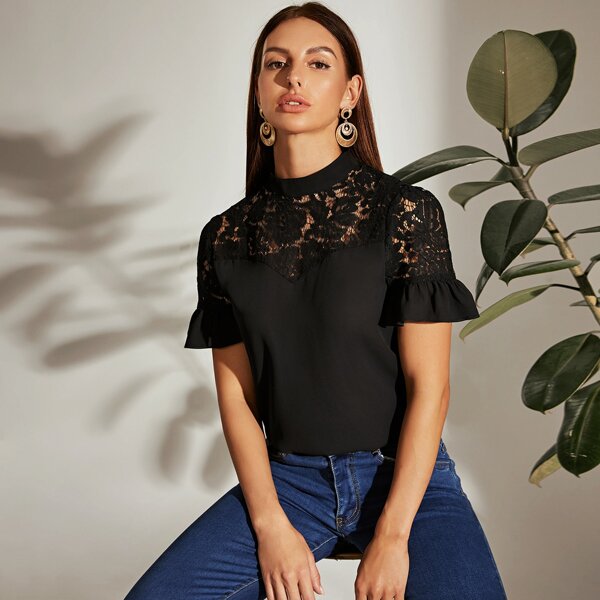 

Mock-Neck Lace Yoke Ruffle Cuff Top, Black