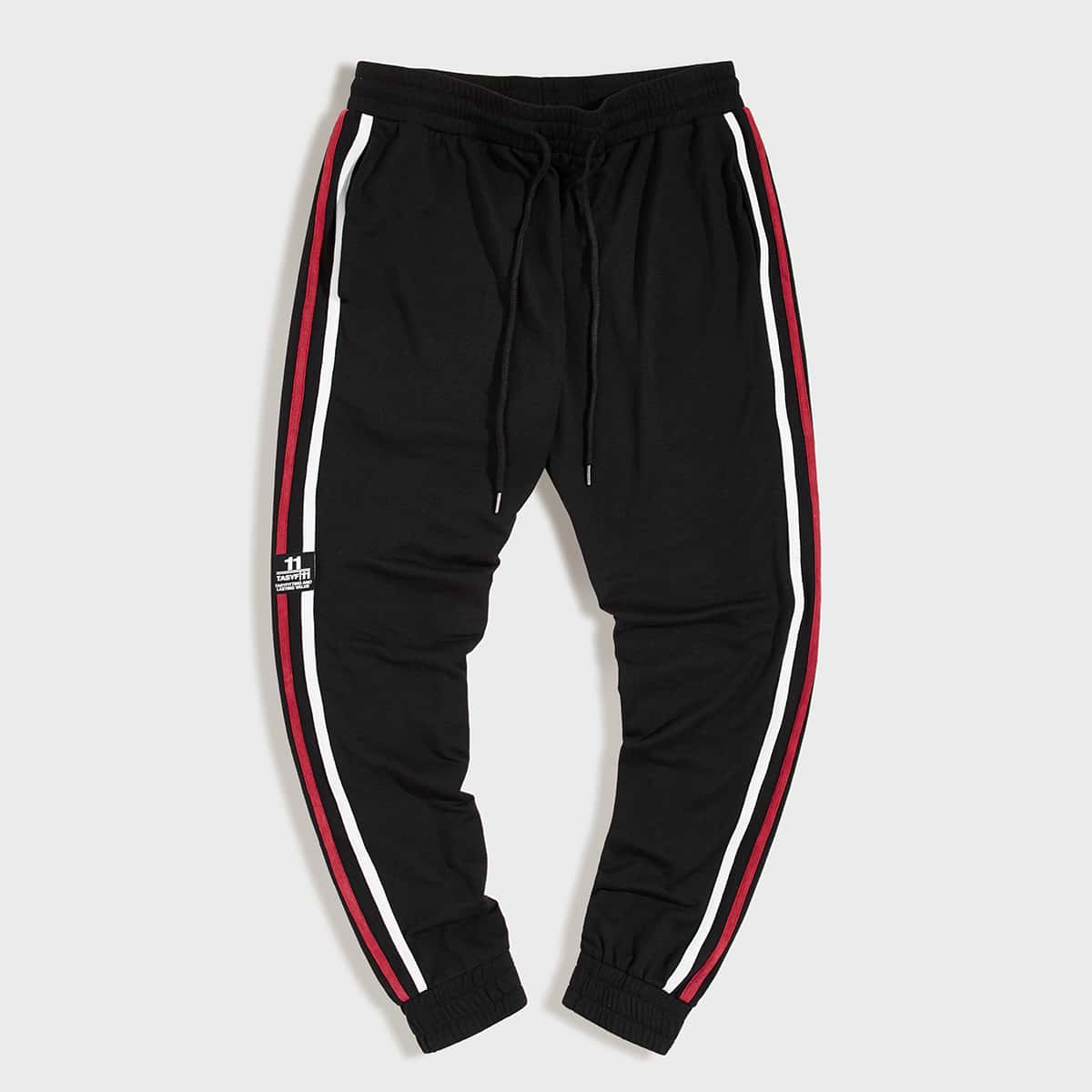 

Guys Striped Tape Sideseam Patched Detail Sweatpants, Black