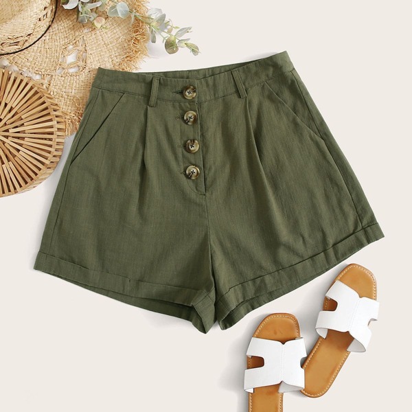 

Buttoned Front Slant Pocket Shorts, Army green