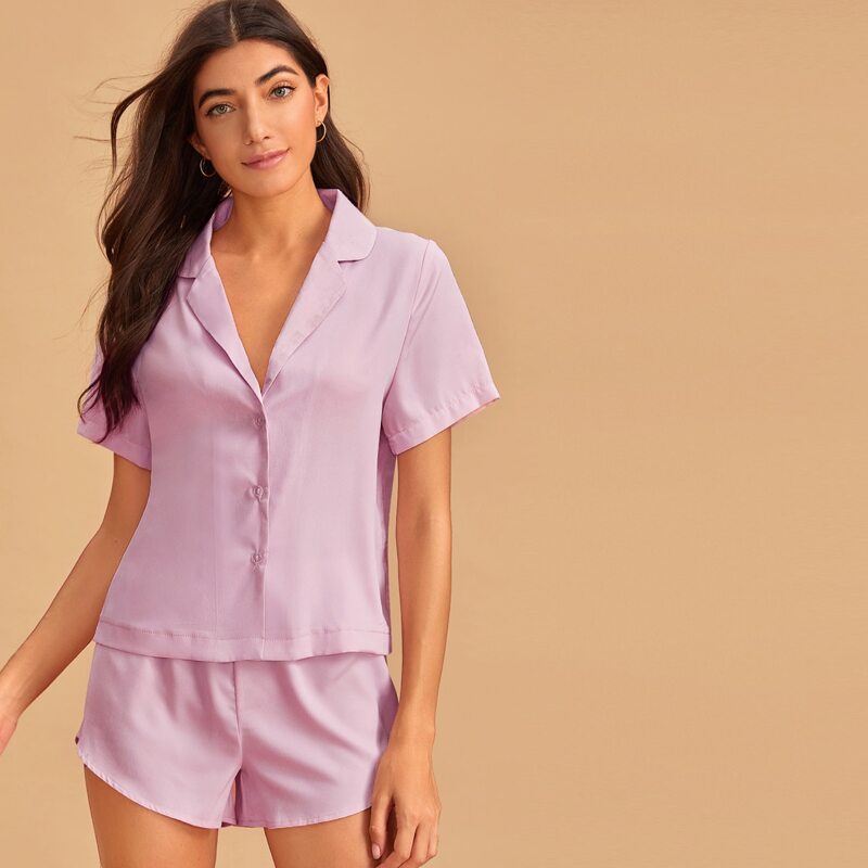 

Lapel Neck Solid PJ Set, Pink