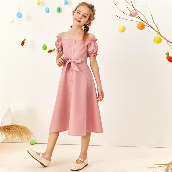 

Girls Off Shoulder Frill Trim Button Front Belted Dress, Pink pastel