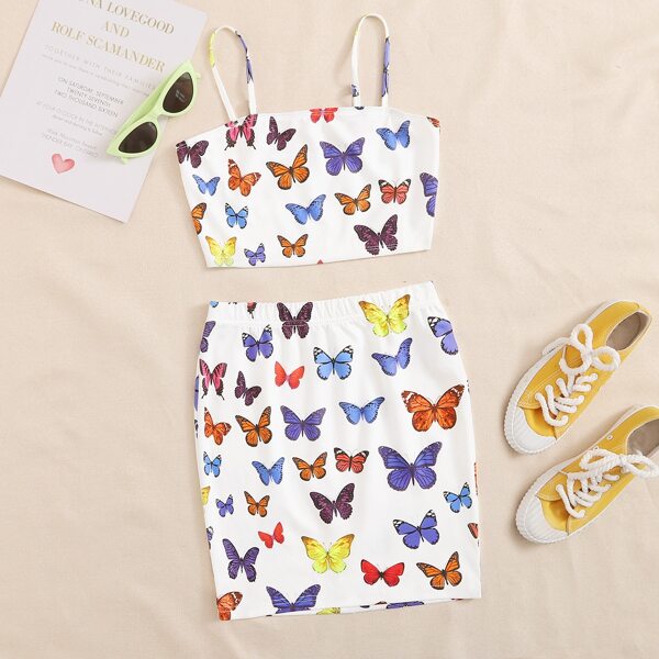 

Butterfly Print Crop Cami Top & Skirt Set, Multicolor