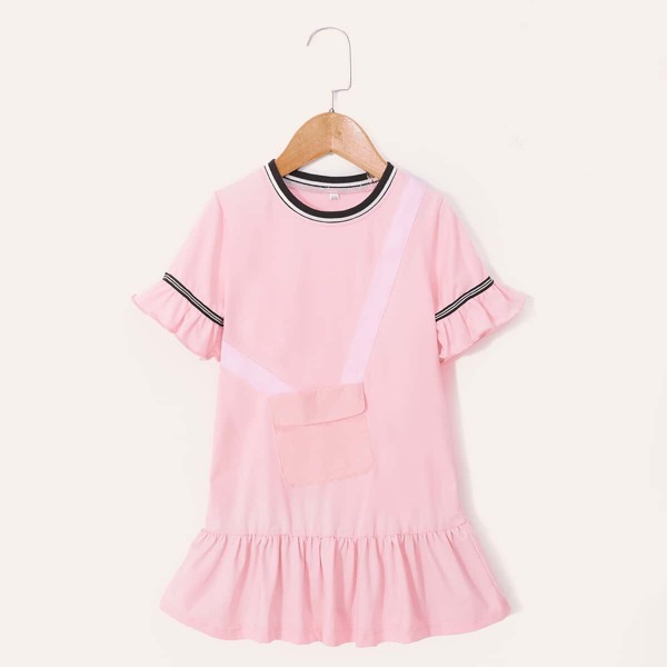 

Toddler Girls 3D Bag Design Striped Trim Babydoll Dress, Pink