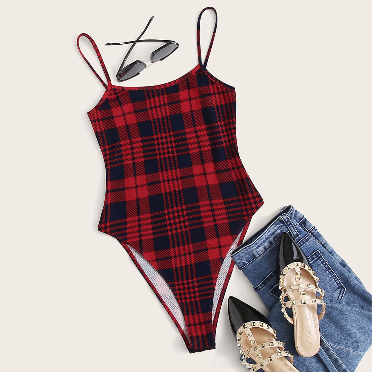 

Plaid Cami Bodysuit, Red